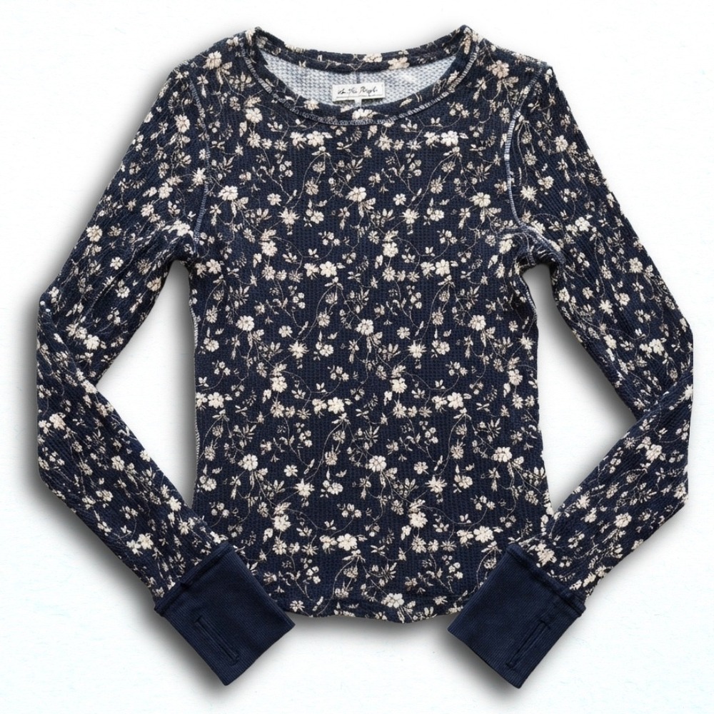 Free People We The Free Black Floral Waffle Knit Thermal Top Thumbholes XL